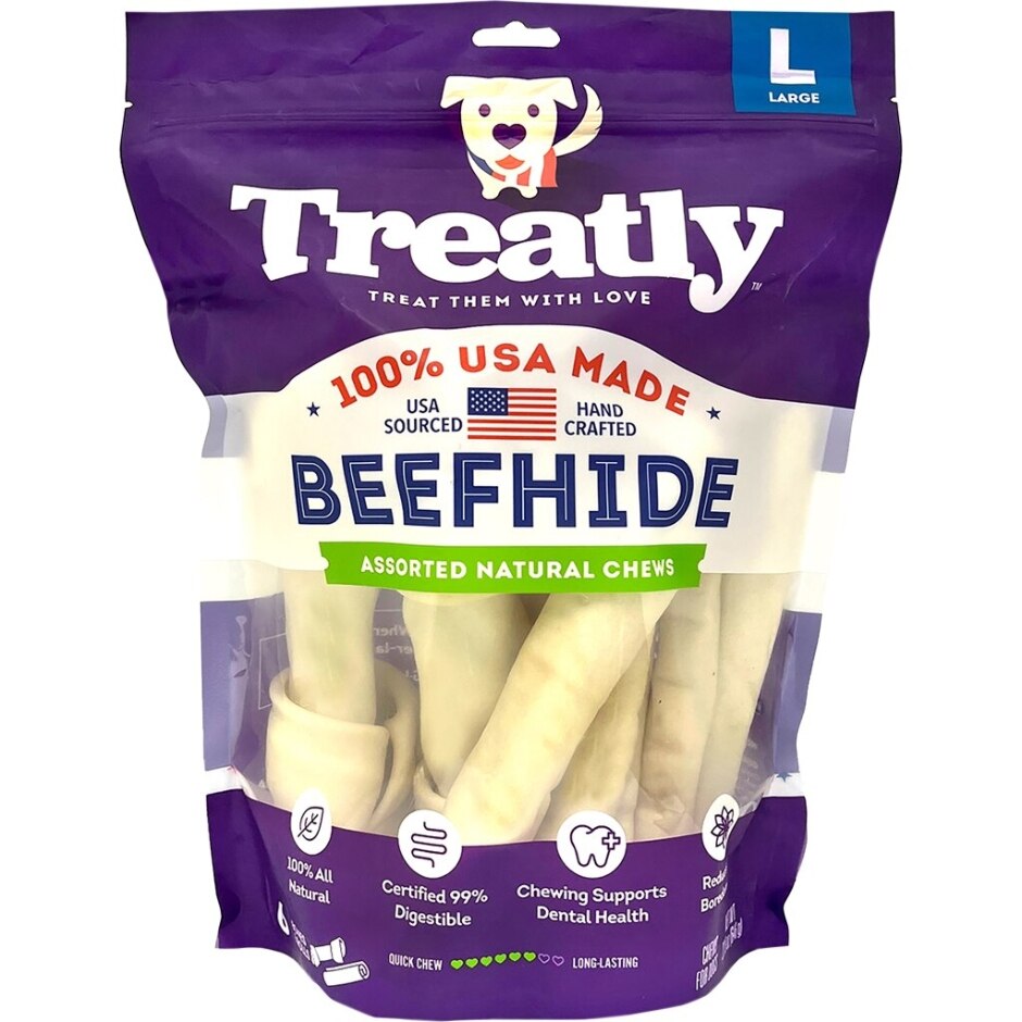 Treatly 100% USA Beefhide Bones & Rolls Natural Large 6 Pk