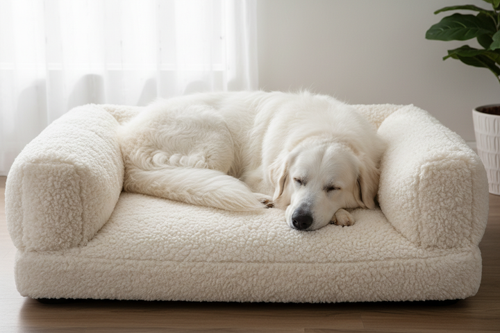 great pyrenes' sleeping in a large shag covered orthopedic dog bed