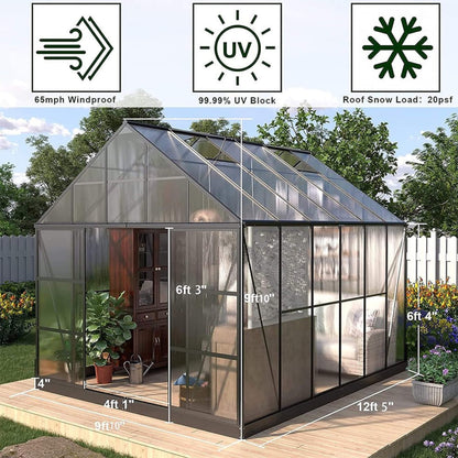 [10X12FT] Heavy-Duty Outdoor Walk-In Polycarbonate Patio Greenhouse With Sliding Doors & Vents (SAK92846)