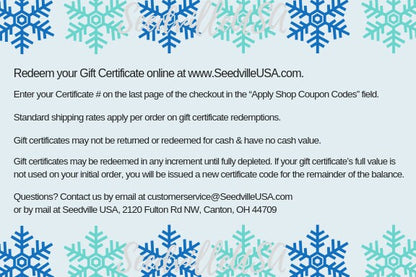 Seedville USA Shop Gift Certificate - Season's Greetings Hanukkah or Christmas Design - By Email or Postal Mail - You Choose Amount