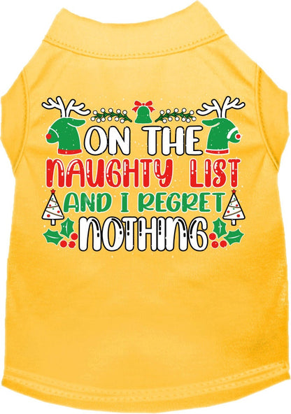 Christmas Cat or Dog Shirt for Pets 0-20 Pounds, "On The Naughty List And I Regret Nothing"