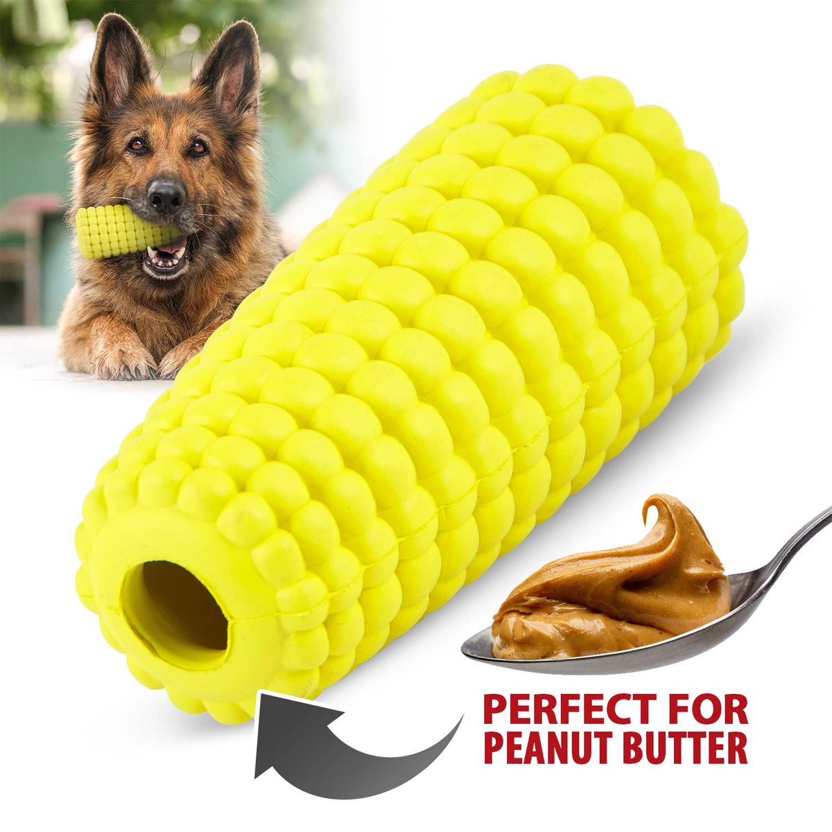 Jeffers Corn Treat Dispenser natural rubber dog chew toy with treat holes and vanilla scent