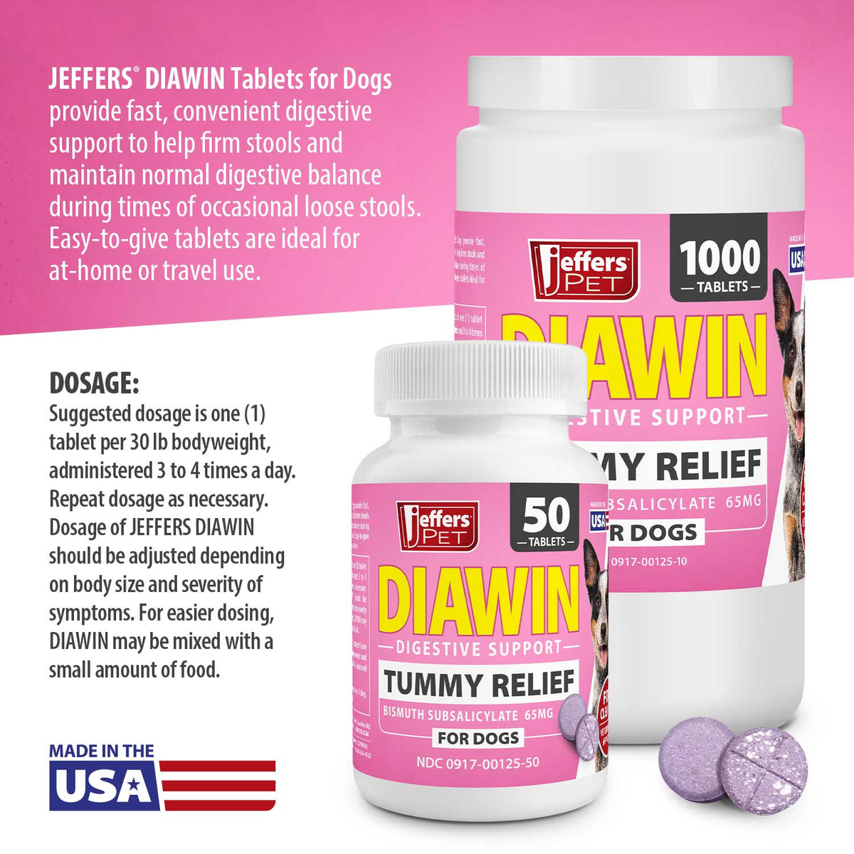 Jeffers Diawin Digestive Support for Dogs – Bismuth Tummy Relief for Diarrhea