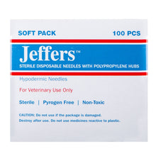 Box of 100 Jeffers Poly Hub veterinary hypodermic needles with ultra-sharp stainless steel tips and polypropylene hubs