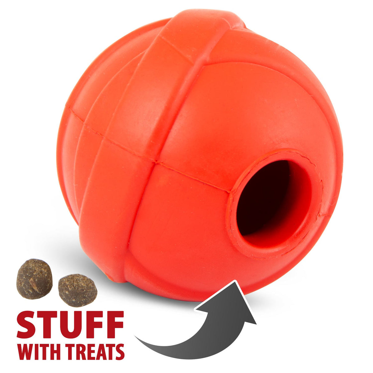 Jeffers Red Orbits Ball natural rubber treat dispensing dog chew toy with vanilla scent and open-hole design