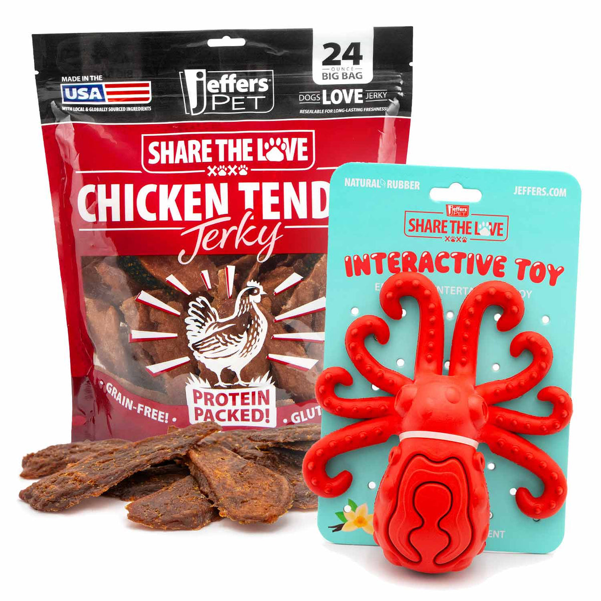 Jeffers Stuffable Dog Chew Toy with natural chicken breast jerky treats kit for interactive dog play