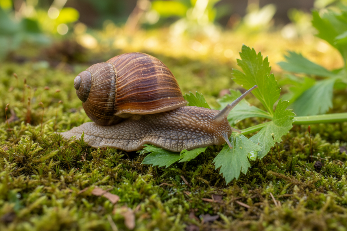 large garden snail munching on celery leaves over a bed of moss