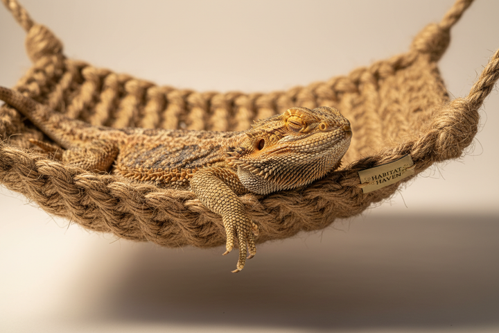 reptile basking on a jute hammock
