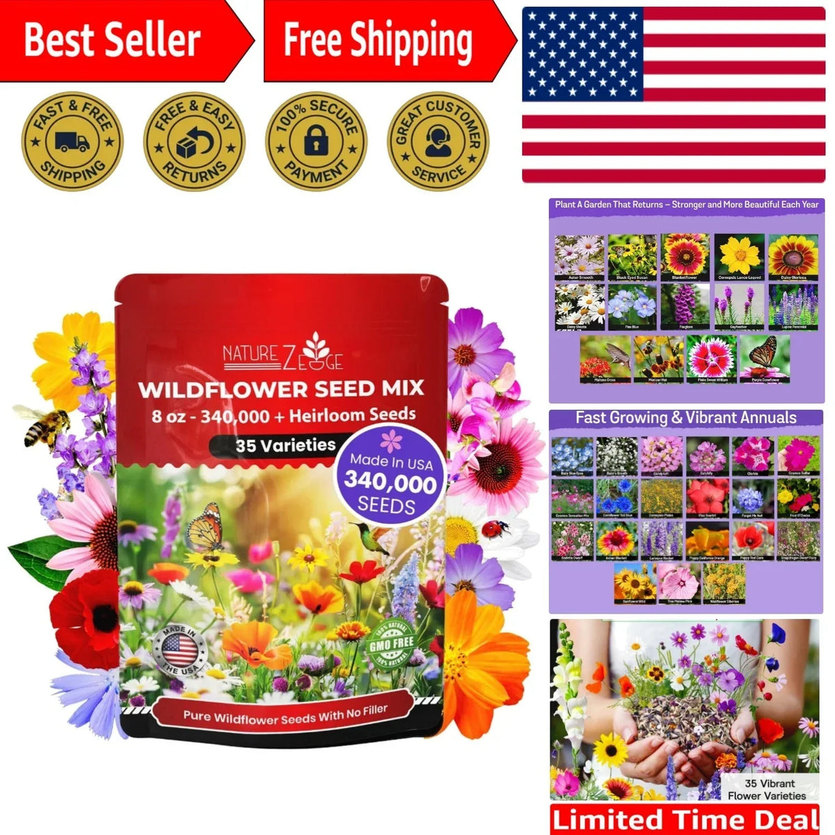 Spring Blooming Wildflower Mix Seeds – Non-GMO, Attracts Pollinators, 1/2 lb, Garden, Meadow, Eco-Friendly